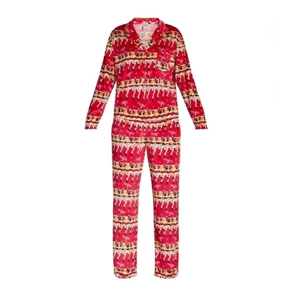 Velour Notch Collar Pajama Top & Pants Lounge Sleep 2-Piece Set Size L